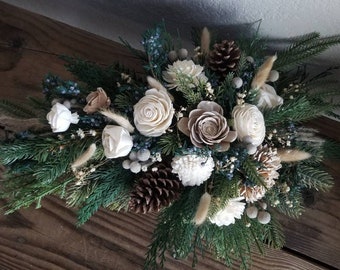 Custom Bouquet Winter Sola Wood and Dried Flowers Faux Greenery Pine cone Cedar Juniper Dusty blue Boho Wedding Bridal Bridesmaid Style 406