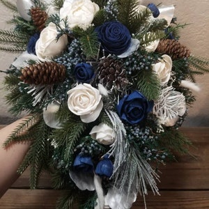 Custom Bouquet Winter Navy Blue Silver Sola Wood and Dried Flowers Faux Greenery Pine cone Cedar Frosted Wedding Bridal Bridesmaid Style 404