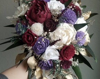 Custom Bouquet Bridal Purple Burgundy Wine Gold Ivory Sola Wood and dried Flowers Bridesmaids Set Boho Wildflower Style 124