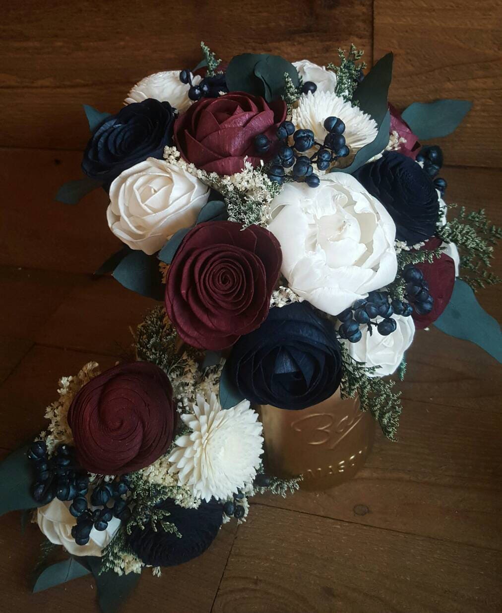 Custom Navy Burgundy Wedding Bouquet Sola Wood Flowers and