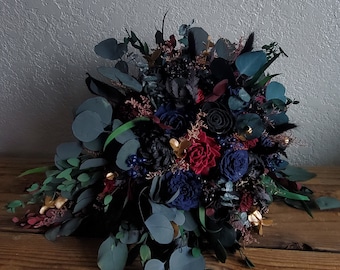 Custom Bouquet Moody Dark Black Wine Navy Blue Burgundy Gold Sola Wood Dried Flowers Preserved Eucalyptus Wedding Style 739