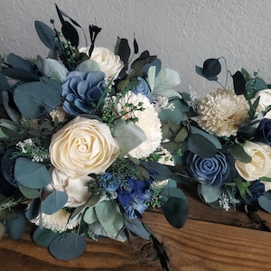 Custom Bouquet Cascade Slate Dusty Blue Navy Sola Wood and Dried Flowers Greenery Eucalyptus Wedding Bridal Bridesmaid Gift Style 180B