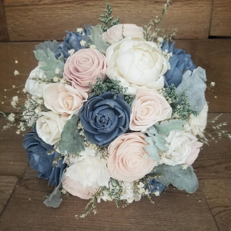 Custom Bouquet Steel Dusty Blue Succulent Blush Rose Sola Wood Etsy