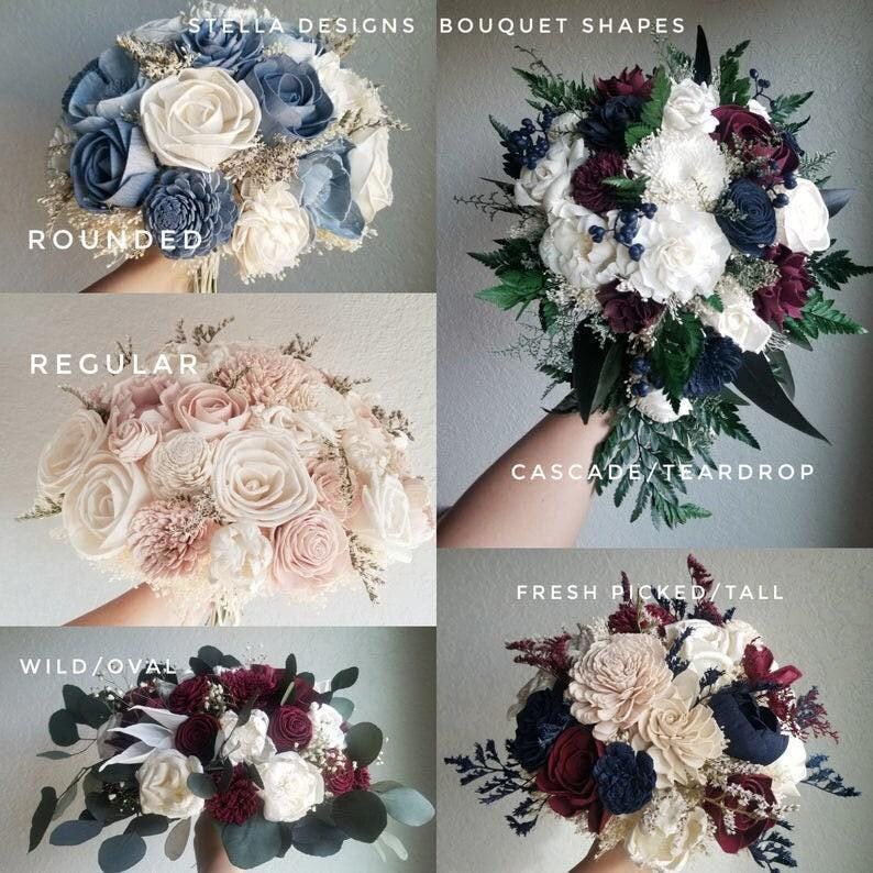 Ramo personalizado de acero, azul polvoriento, gris azul carbón, flores de madera Sola, rosas de arpillera y flores secas para damas de honor nupciales, estilo 78, para siempre imagen 7