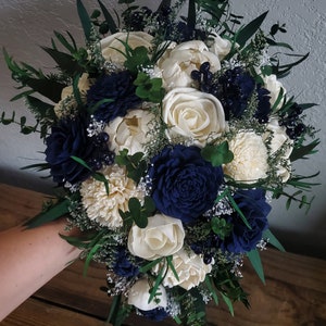 Custom Cascade Bouquet Bridal Navy Blue Ivory White Sola Wood and dried Flowers Bridesmaids Set Boho Rustic Wildflower Style 228