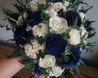 Custom Cascade Bouquet Bridal Navy Blue Ivory White Sola Wood and dried Flowers Bridesmaids Set Boho Rustic Wildflower Style 228
