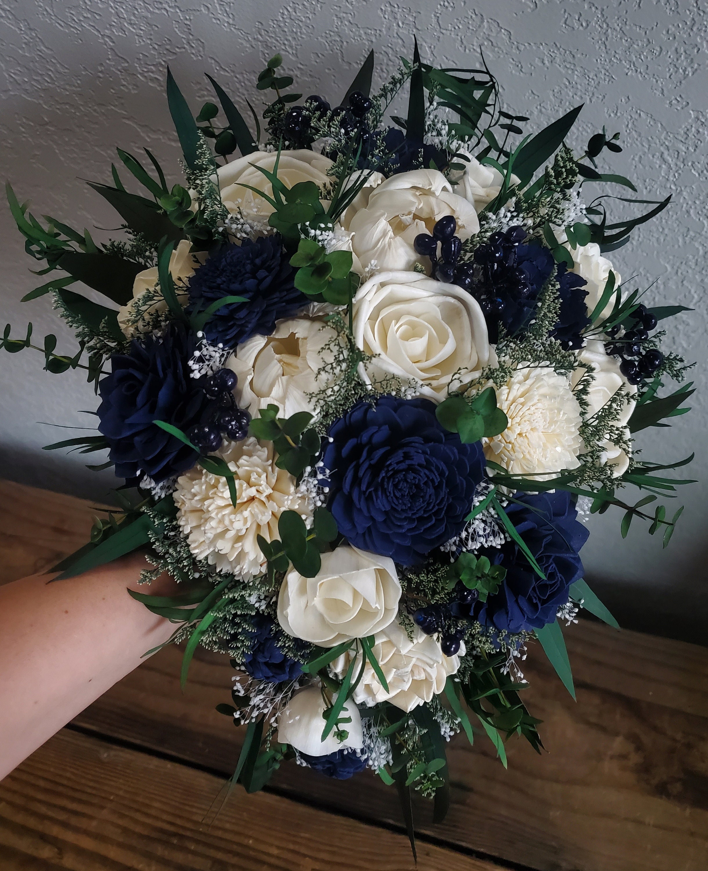 Navy Blue White Cascade Bridal Bouquet - Real Touch Callas Roses