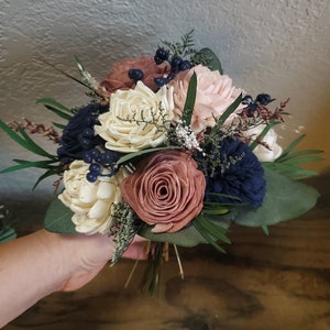 Custom Bouquet Cascade Dusty Rose Gold Blush Navy Sola Wood and Dried Flowers Greenery Eucalyptus Wedding Bridal Bridesmaid Gift Style 111 image 5