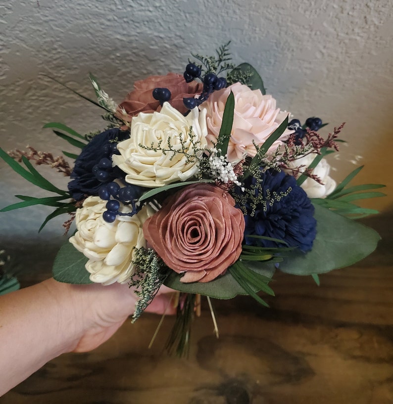 Custom Bouquet Cascade Dusty Rose Gold Blush Navy Sola Wood and Dried Flowers Greenery Eucalyptus Wedding Bridal Bridesmaid Gift Style 111 image 5