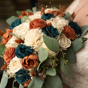 Custom Color Wedding Bouquet Burnt Orange Teal Sola Wood Dried Flowers Faux Green Eucalyptus Fern Boho Moody Fall Bridal Style 706