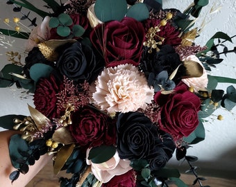 Custom Bouquet Moody Gold Dark Black Wine Blush Burgundy Sola Wood Dried Flowers Preserved Greenery Eucalyptus Wedding Style 710