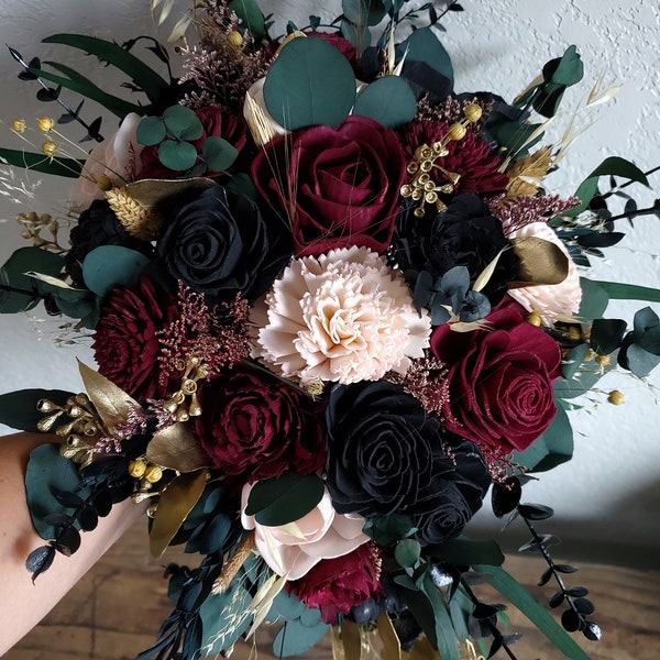 Custom Bouquet Moody Gold Dark Black Wine Blush Burgundy Sola Wood Dried Flowers Preserved Greenery Eucalyptus Wedding Style 710