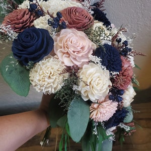 Custom Bouquet Cascade Dusty Rose Gold Blush Navy Sola Wood and Dried Flowers Greenery Eucalyptus Wedding Bridal Bridesmaid Gift Style 111 image 3