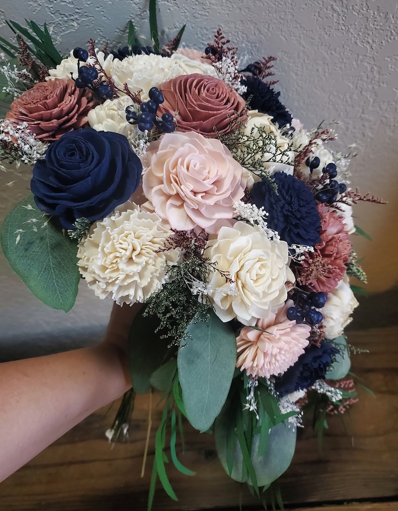 Custom Bouquet Cascade Dusty Rose Gold Blush Navy Sola Wood and Dried Flowers Greenery Eucalyptus Wedding Bridal Bridesmaid Gift Style 111 image 3