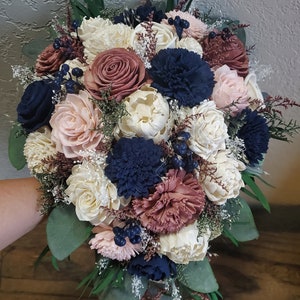 Custom Bouquet Cascade Dusty Rose Gold Blush Navy Sola Wood and Dried Flowers Greenery Eucalyptus Wedding Bridal Bridesmaid Gift Style 111