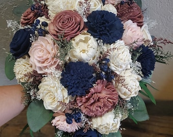 Custom Bouquet Cascade Dusty Rose Gold Blush Navy Sola Wood and Dried Flowers Greenery Eucalyptus Wedding Bridal Bridesmaid Gift Style 111