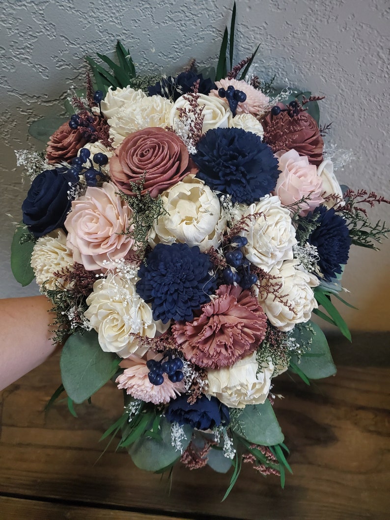 Custom Bouquet Cascade Dusty Rose Gold Blush Navy Sola Wood and Dried Flowers Greenery Eucalyptus Wedding Bridal Bridesmaid Gift Style 111 image 1