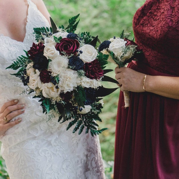 Custom Bouquet Navy Wine Ivory Sola Wood Dried Flowers Ferns Greenery Berries Flower girl Toss Bridal Bridesmaid Stella Designs Style 44