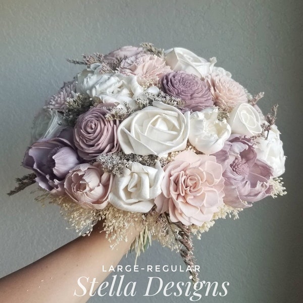 Custom Bouquet Blush Mauve Dusty Rose Sola Wood Dried Flowers Wedding Bridal Bridesmaids Toss Flower Girl Stella Designs Style 91