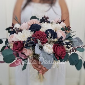 Custom Bouquet Sola Wood Flower Navy Burgundy and Dusty Mauve Blush Eucalyptus Wedding Bridal Bridesmaids Toss Flower Girl  Style 202