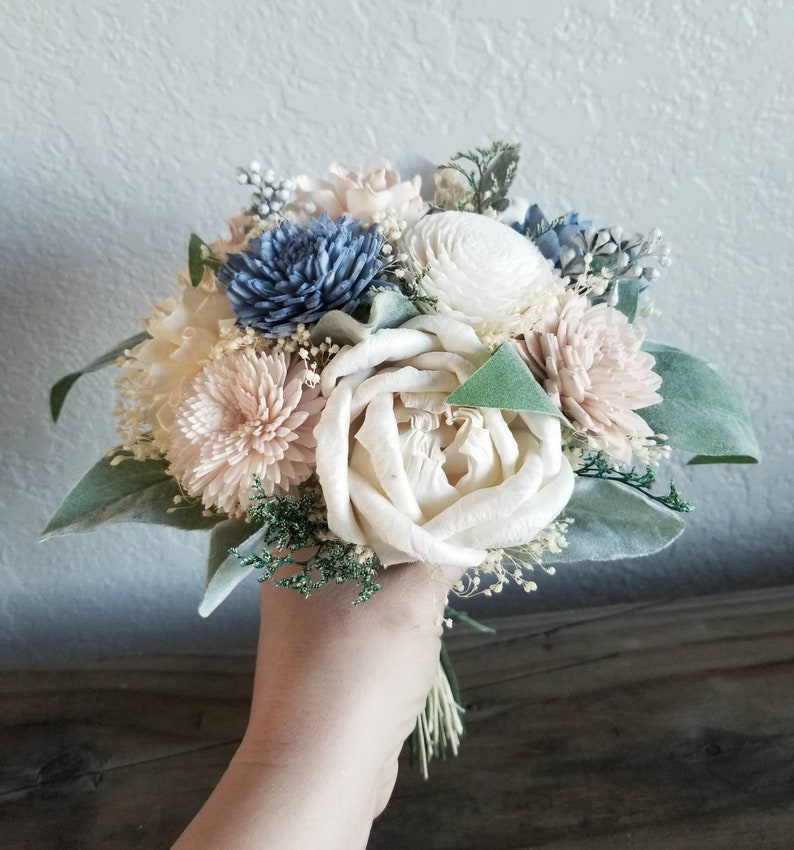 Custom Bouquet Dusty Blue Blush Pink Sola Wood and Dried Flowers Greenery Eucalyptus Wedding Bridal Bridesmaid Gift Style 181Last Forever image 5