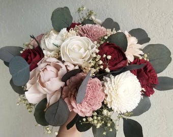 Custom Bouquet Burgundy Blush Ballet Sola Wood and Dried Flowers and Eucalyptus Boho Wedding Set Bridal Bridesmaids Flower Girl Style 210