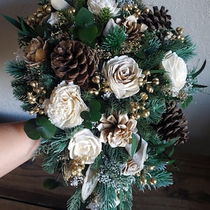 Custom Bouquet Winter Gold Sola Wood and Dried Flowers Faux Greenery Pine cone Cedar Berries Elegant Wedding Bridal Bridesmaid Style 465