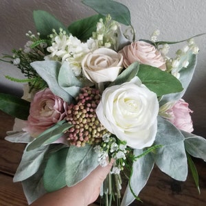 Custom Bouquet Blush Dusty Rose Sola Wood and Faux Greenery Eucalyptus Spring Wedding Set Bridal Bridesmaid Rose Peony Hydrangea Style 403