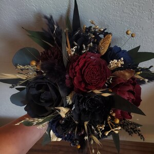 Custom Bouquet Moody Gold Dark Black Wine Burgundy Navy Sola Wood Dried Flowers Preserved Greenery Eucalyptus Wedding Style 725 image 4