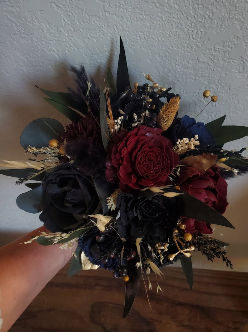 Custom Bouquet Moody Gold Dark Black Wine Burgundy Navy Sola Wood Dried Flowers Preserved Greenery Eucalyptus Wedding Style 725 image 4