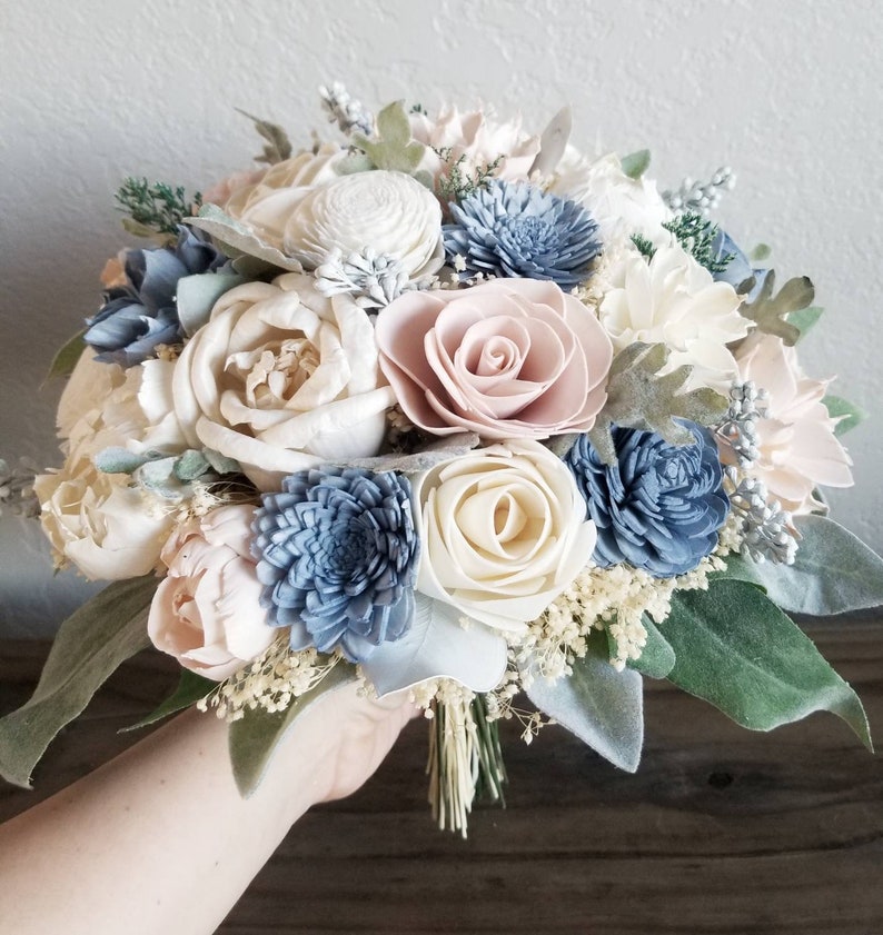 Custom Bouquet Dusty Blue Blush Pink Sola Wood and Dried Flowers Greenery Eucalyptus Wedding Bridal Bridesmaid Gift Style 181Last Forever image 3