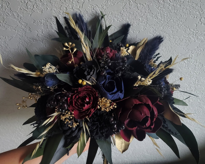 Custom Bouquet Moody Gold Dark Black Wine Burgundy Navy Sola Wood Dried Flowers Preserved Greenery Eucalyptus Wedding Style 725 image 1