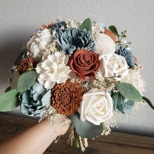 Custom Bouquet Orange Rust Terra Cotta Brown Seafoam Dusty Blue Cocoa Sola Wood and Dried Flowers Faux Greenery Eucalyptus Wedding Style 16