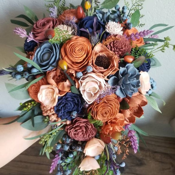 Custom Bouquet Rust Burnt Orange Slate Dusty Blue Navy Terracotta Blush Sola Wood Dried Flowers Faux Greenery Eucalyptus Wedding Style 365