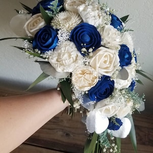 Custom Bouquet Cascade Silver Ivory Sapphire Royal Blue Sola Wood Dried Flowers Greenery Eucalyptus Bridal Bridesmaid Corsage Arch Style 704