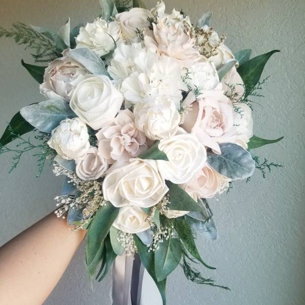 Custom Cascading Bouquet Bridal Blush Ivory Sola Wood Hydrangea Peony Rose Elegant Rustic Wildflower Stella Designs Style 626