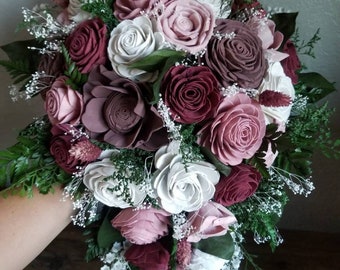 Custom Bouquet Mauve Rose White Wine Burgundy Blush Sola Wood Dried Flowers Preserved Ferns Green Leaves Baby's breath Wedding Style 521