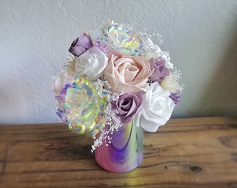 Mother's Day Gift Set 7" Bouquet Iridescent Purple Pink Personalized Card Glass Vase Sola Wood Dried Flower Scented Home Decor Daughter Mom