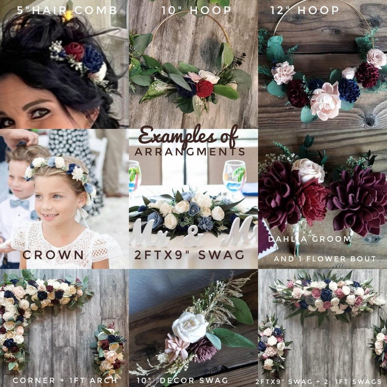 Ramo personalizado de acero, azul polvoriento, gris azul carbón, flores de madera Sola, rosas de arpillera y flores secas para damas de honor nupciales, estilo 78, para siempre imagen 9