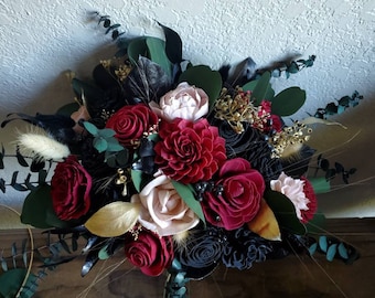 Custom Bouquet Moody Dark Black Blush Gold Burgundy Red Sola Wood Dried Flowers Preserved Greenery Eucalyptus Fall Winter Wedding Style 388