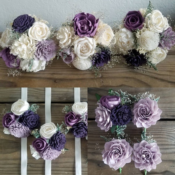 Custom Wedding Package Wisteria Plum Purple Lilac Lavender Sola Wood Flower Bouquet and dried Flowers Stella Designs Style 48Last Forever