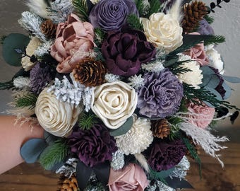 Custom Bouquet Winter Mauve Dusty Rose Plum Purple Sola Wood and Dried Flowers Greenery Pine Cedar Boho Wedding Bridal Bridesmaid Style 759