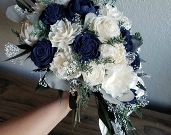 Custom Bouquet Cascade Silver Ivory Navy Sola Wood and Dried Flowers Greenery Eucalyptus White Baby's Breath Bridal Bridesmaid Style 377