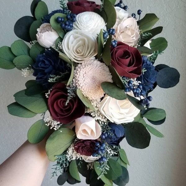 Custom Navy Burgundy Blush Wedding Bouquet Sola Wood Flowers and dried Flowers and Seeded Eucalyptus Cascade Gold Style 155