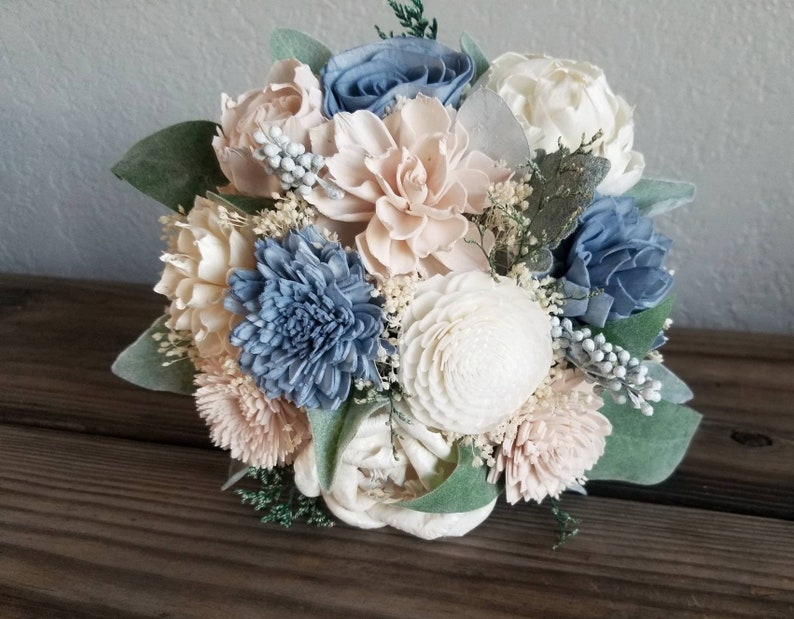 Custom Bouquet Dusty Blue Blush Pink Sola Wood and Dried Flowers Greenery Eucalyptus Wedding Bridal Bridesmaid Gift Style 181Last Forever image 4