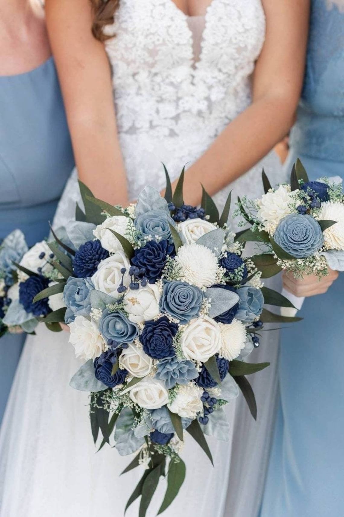 Custom Bouquet Cascade Slate Dusty Blue Navy Sola Wood and image 1