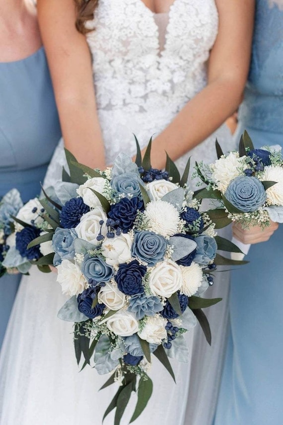 Dusty Blue Dried Flower Bouquet, Blue and Ivory Wedding Flowers