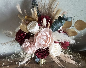 Custom Bouquet Burgundy Blush Gold Boho Pampas Wheat Sola wood Flower Peony Rose Wedding Set Bridal Bridesmaids Toss Flower Girl Style 700