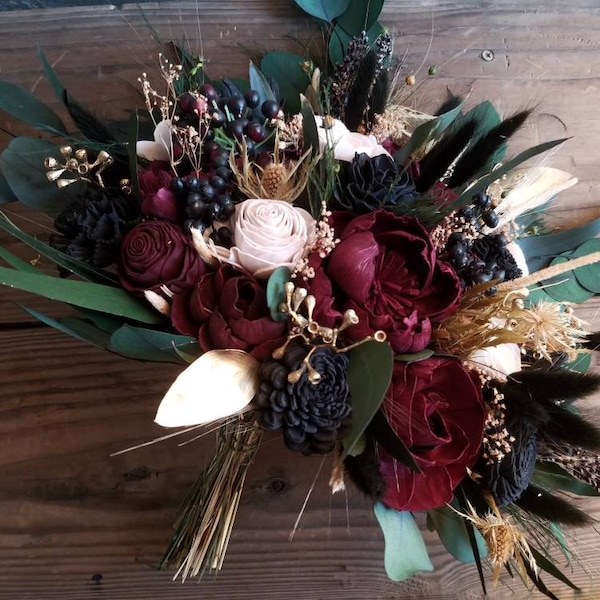 Custom Bouquet Moody Dark Black Wine Blush Gold Burgundy Sola Wood Dried Flowers Preserved Greenery Eucalyptus Fall Winter Wedding Style 363