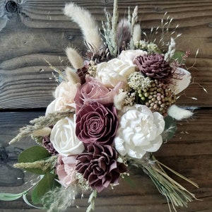 Custom Bouquet Mauve Dusty Rose Blush Boho Pampas Wheat Sola wood Flower Peony Rose Wedding Set Bridal Bridesmaids Toss Flower Girl Style 62